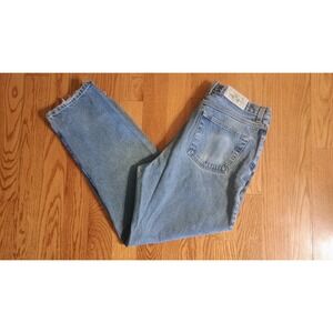 Natural issue Mens Light Wash Denim Jeans 36x32 Straight Leg wallet print pocket